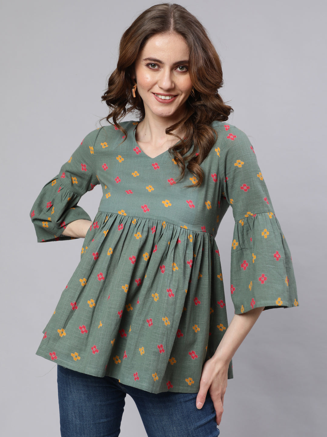 Green Printed Gathered Tunic