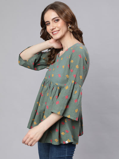 Green Printed Gathered Tunic