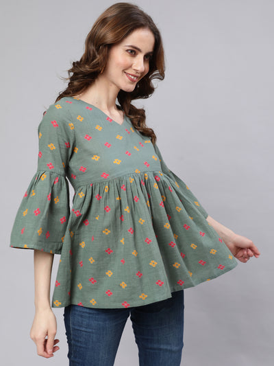 Green Printed Gathered Tunic