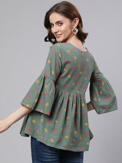 Green Printed Gathered Tunic