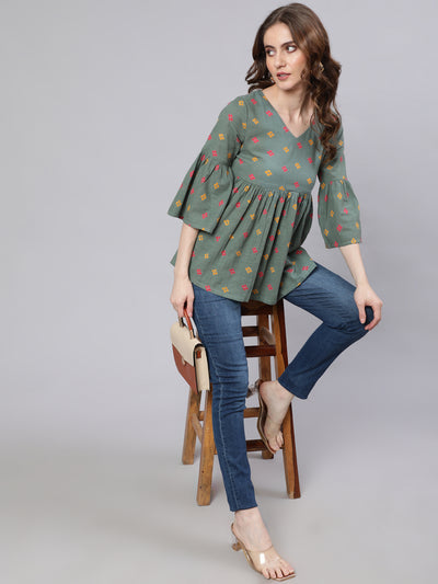 Green Printed Gathered Tunic