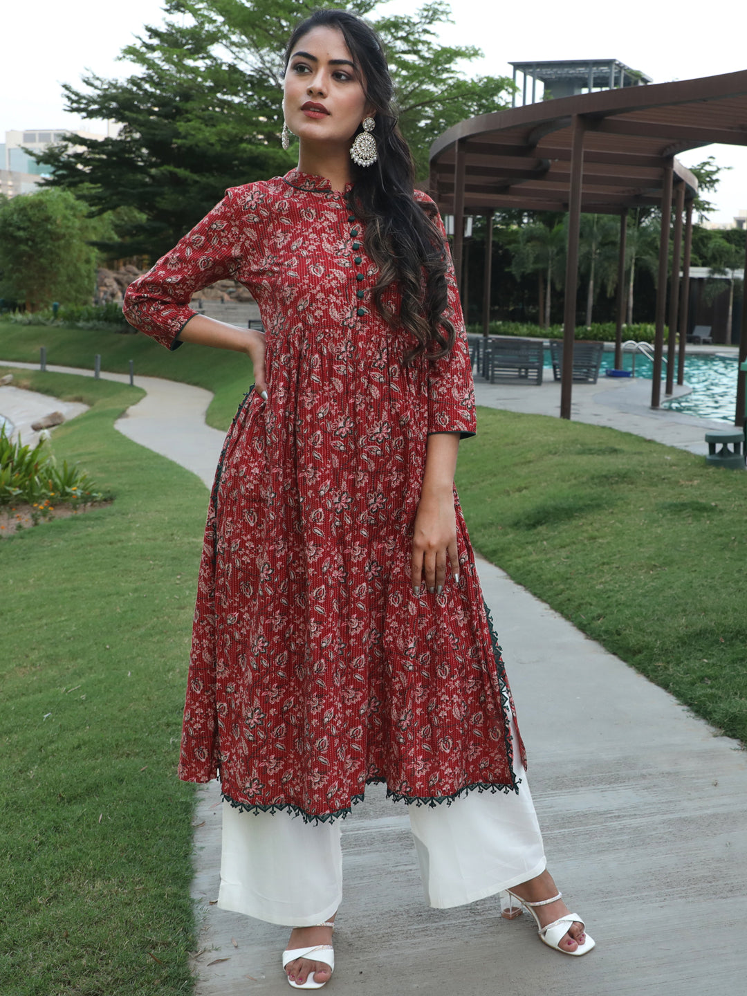 Red Kantha Work Nyra-Cut Kurta