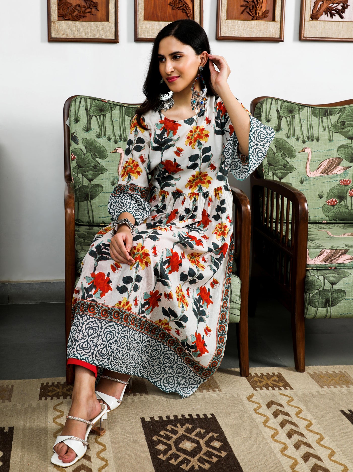 White Floral Print Nyra Cut Kurta