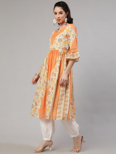 Orange Floral Print Gathered Kurta