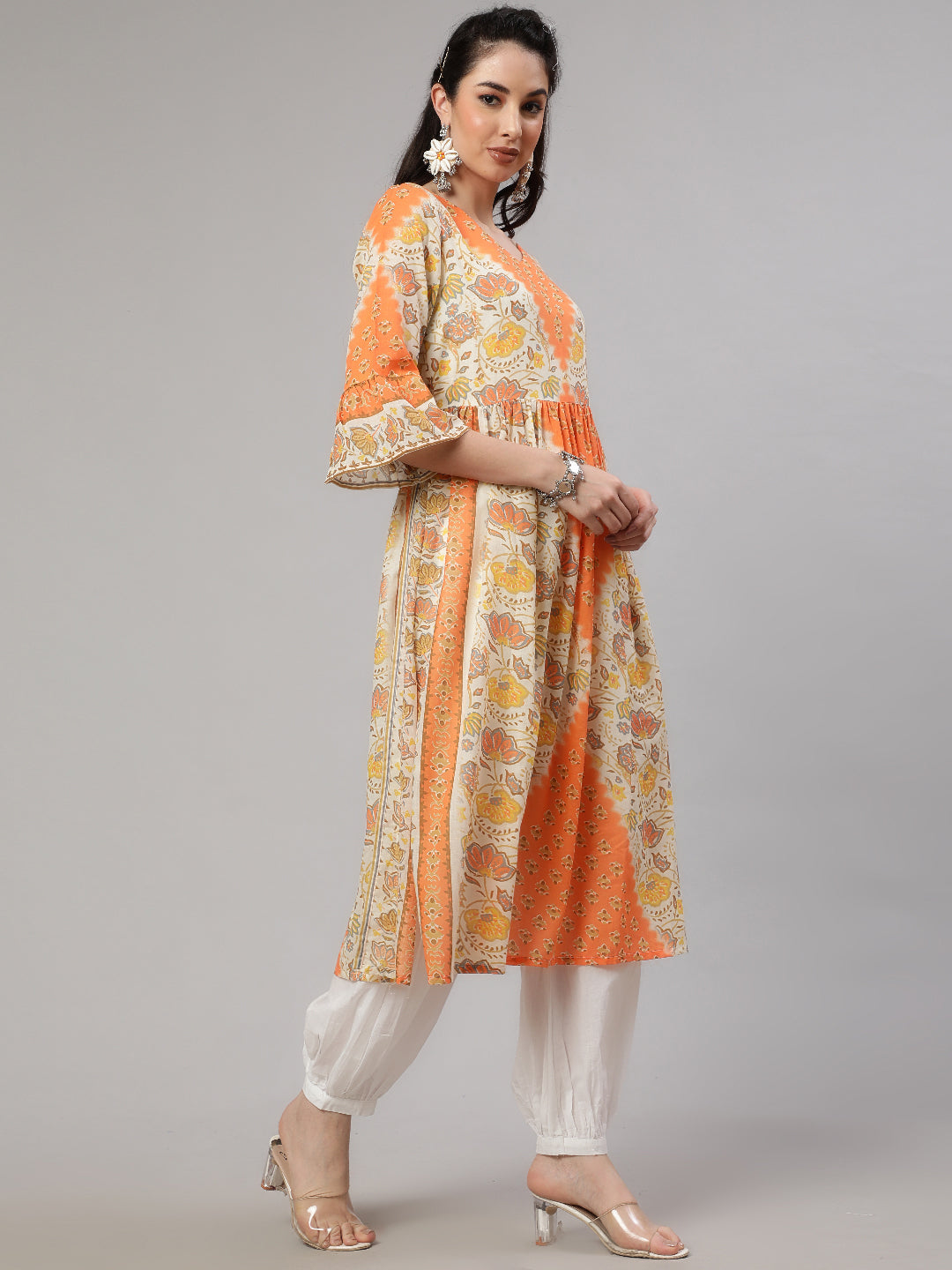 Orange Floral Print Gathered Kurta