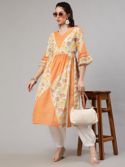 Orange Floral Print Gathered Kurta