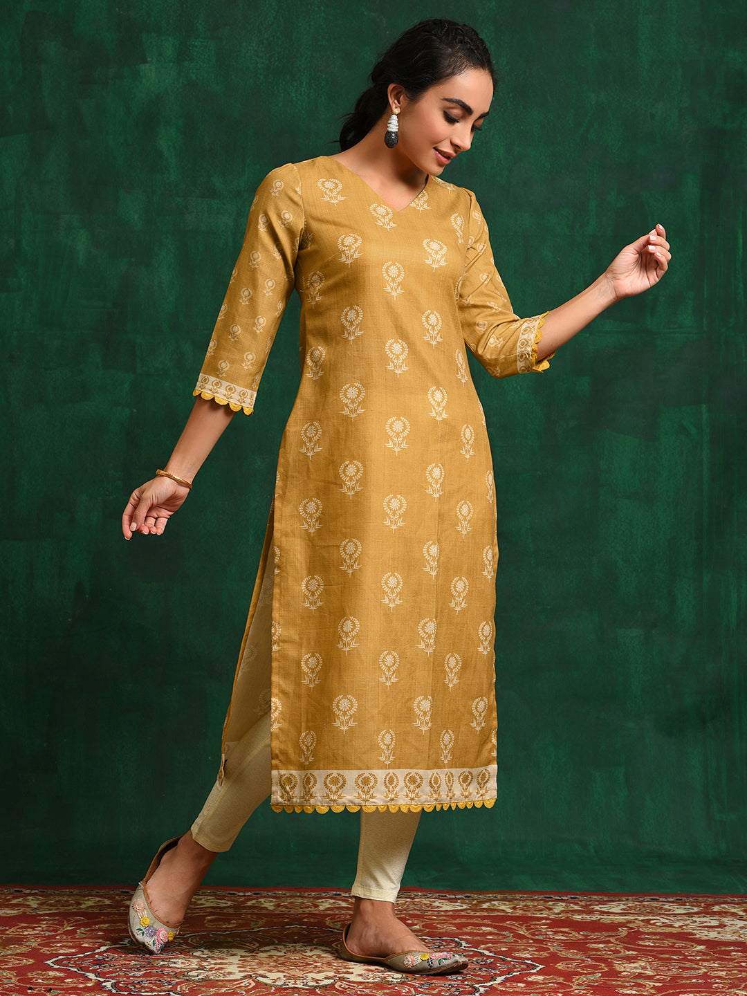 Mustard Printed Kurta With Lace Details