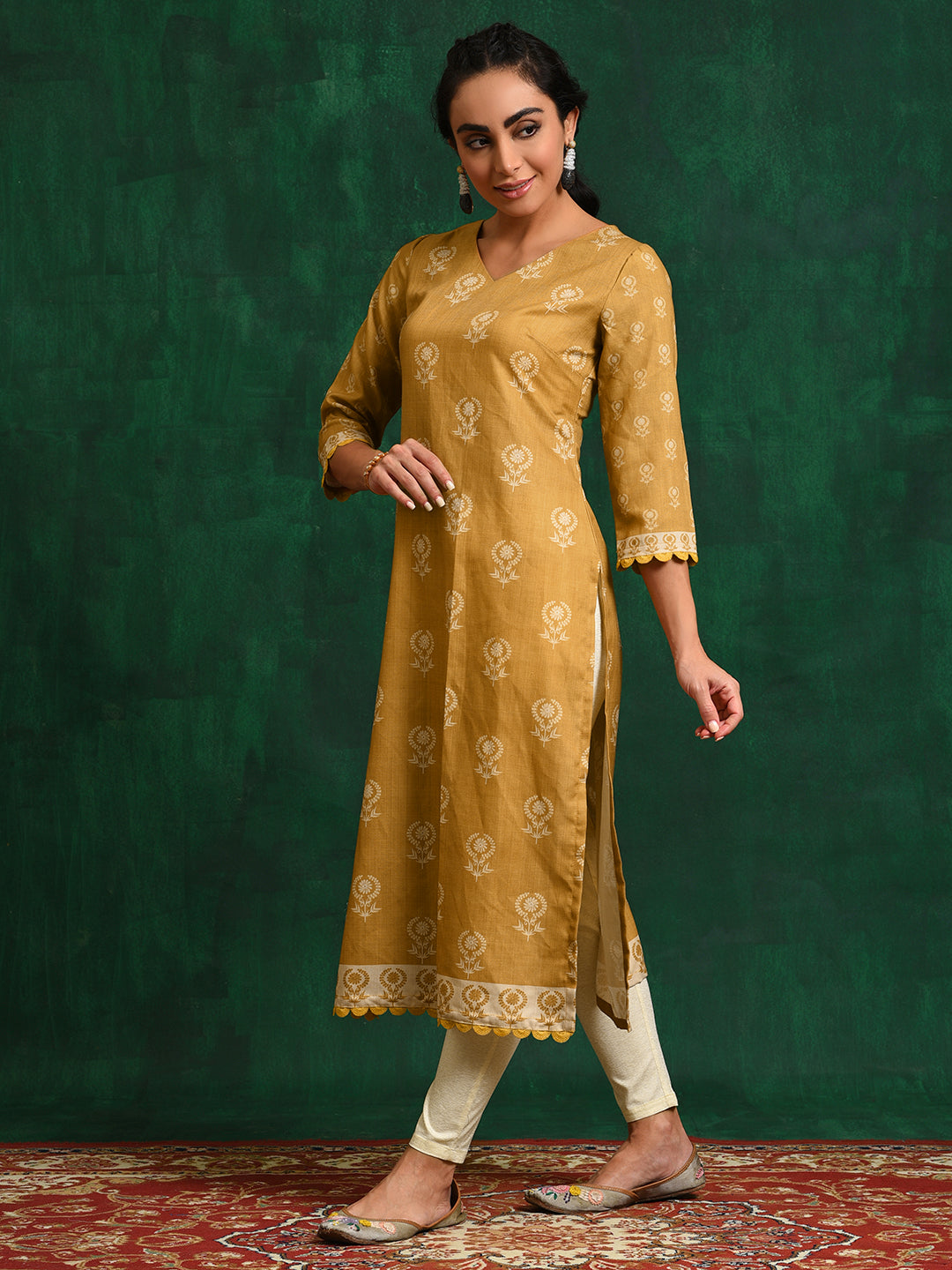 Mustard Printed Kurta With Lace Details