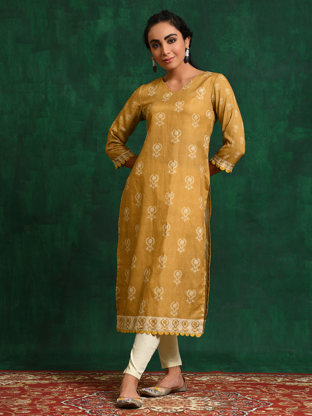 Mustard Printed Kurta With Lace Details