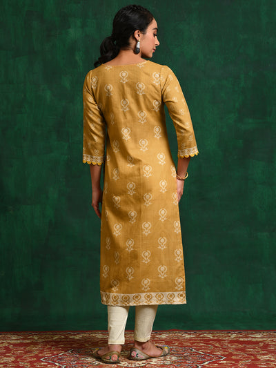 Mustard Printed Kurta With Lace Details