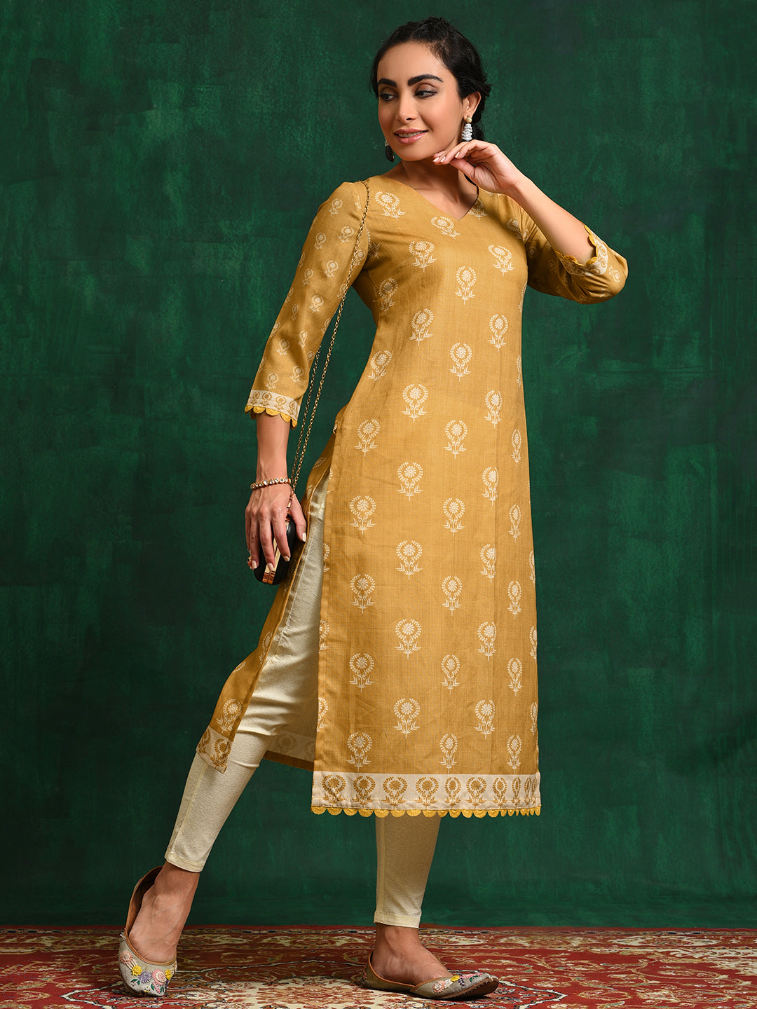 Mustard Printed Kurta With Lace Details