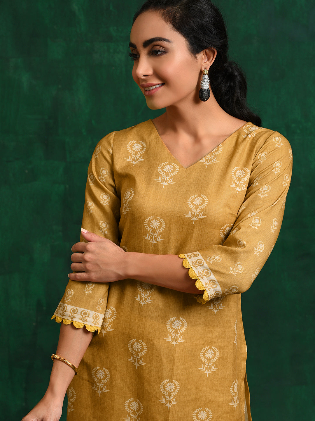 Mustard Printed Kurta With Lace Details