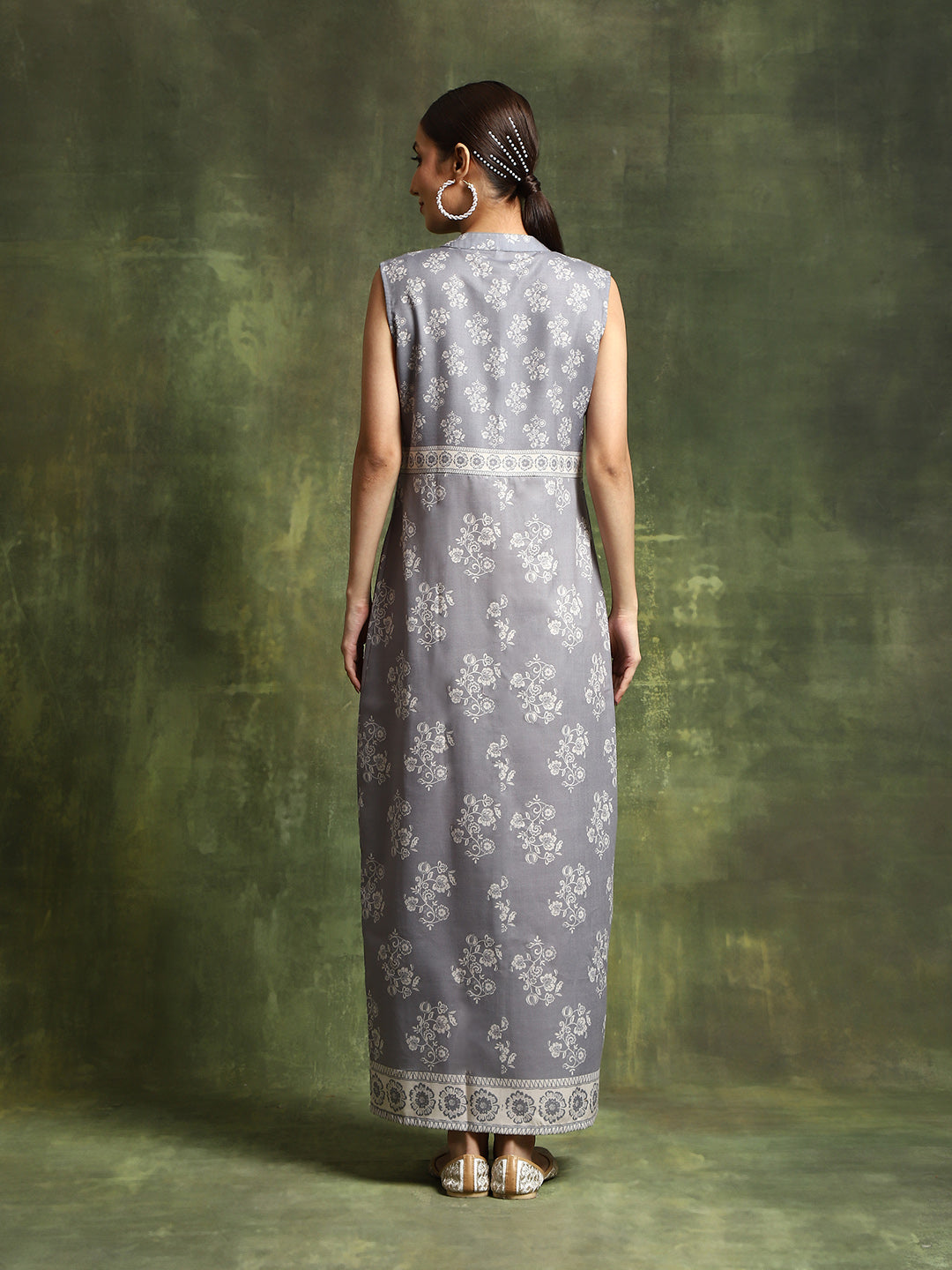 Grey Floral Print A-Line Button Down Dress