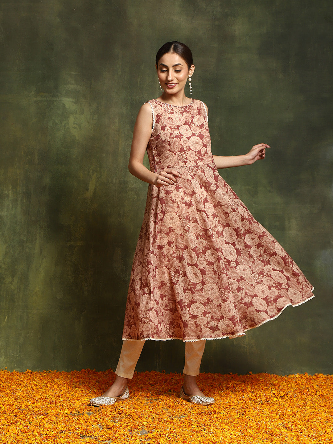 Beige & Rust Floral Print Anarkali