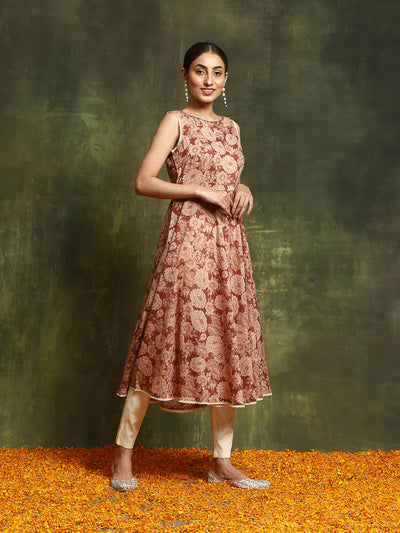 Beige & Rust Floral Print Anarkali