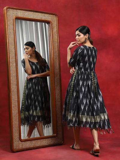 Black Ikat Gathered Dress