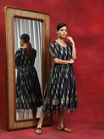 Black Ikat Gathered Dress