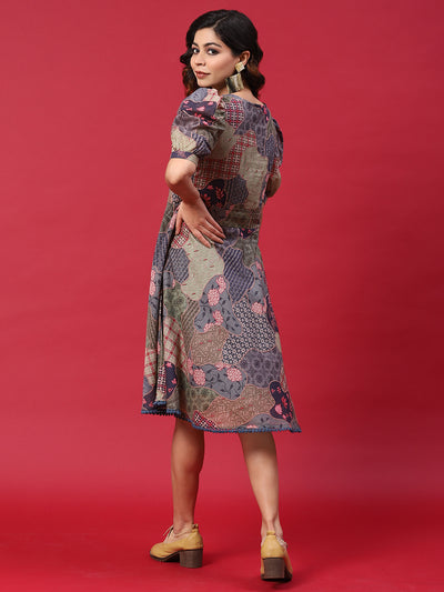 Multicolor Floral Print A-Line Dress