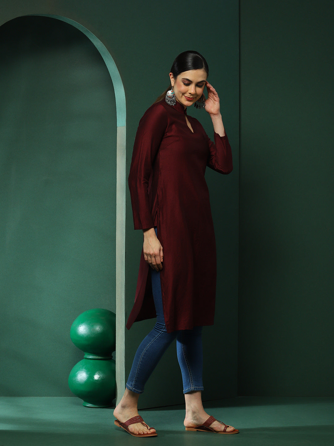 Wine Sweetheart Neck Kurta