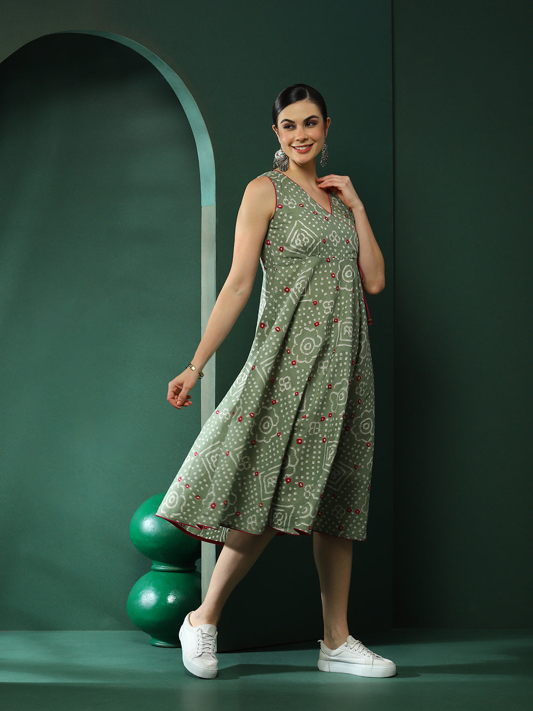Pastel Green Bandhani Print Midi Dress