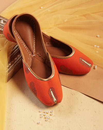 Orange Printed Handcrafted Mojaris