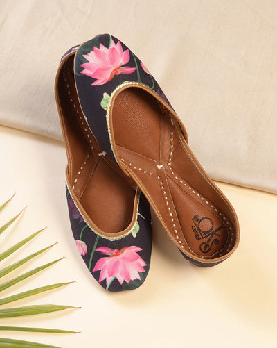 Navy Blue & Pink Floral Print Handcrafted Mojaris