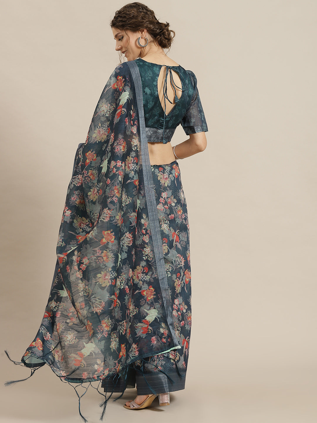 Blue & Red Floral Printed Saree