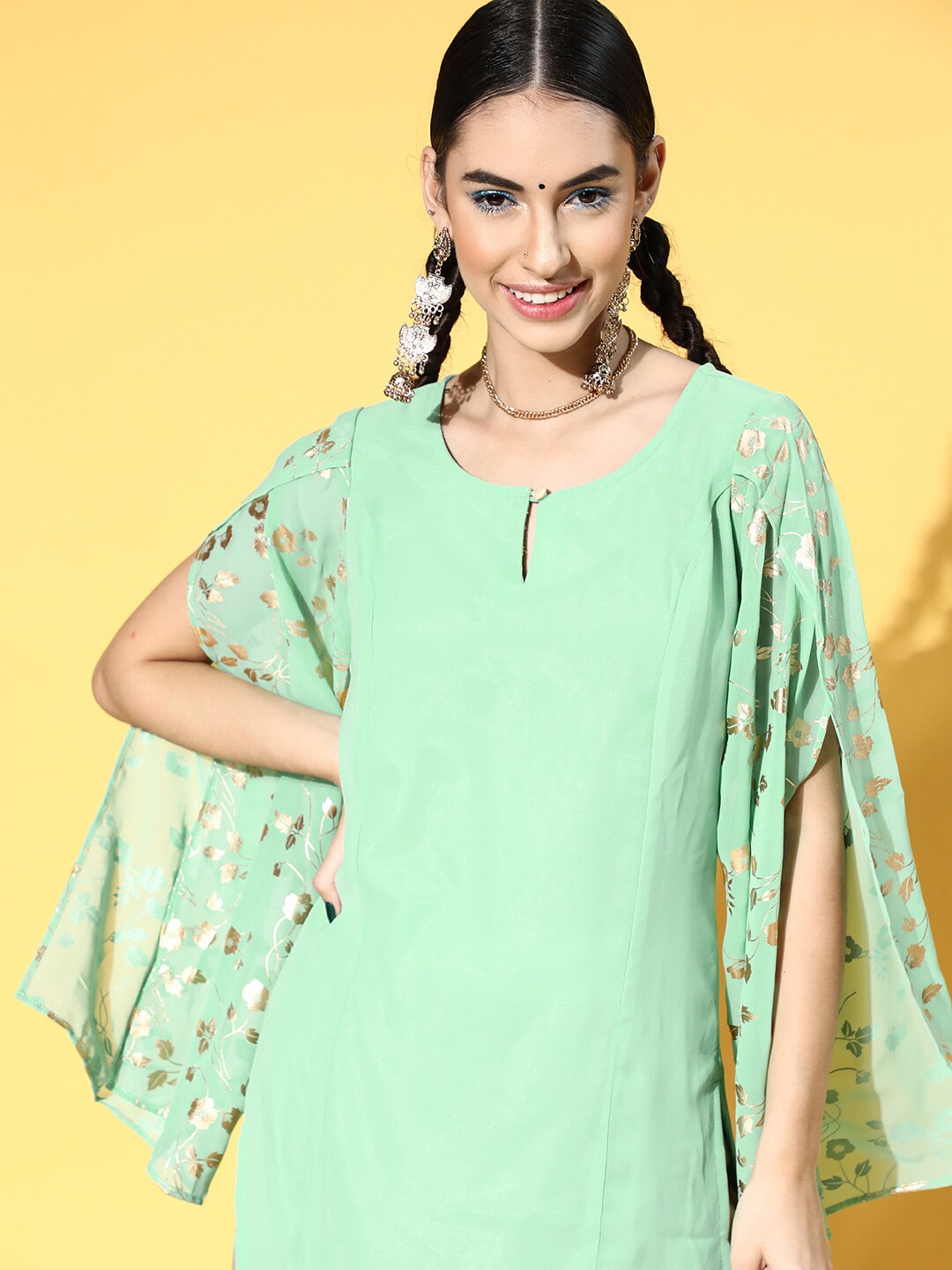 Sea Green Gold Foil Print Kurta With Potli Bag