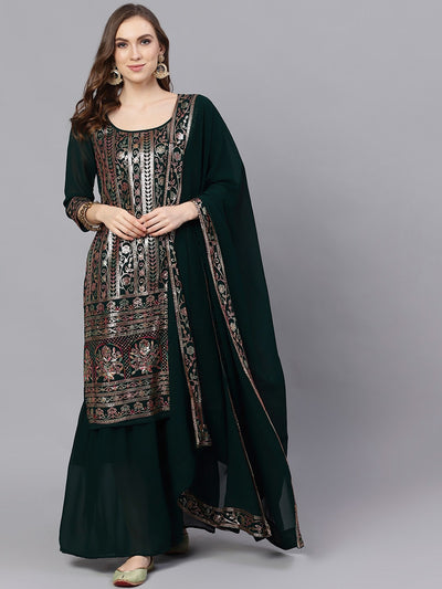 Green Sequined Kurta Sharara With Dupatta