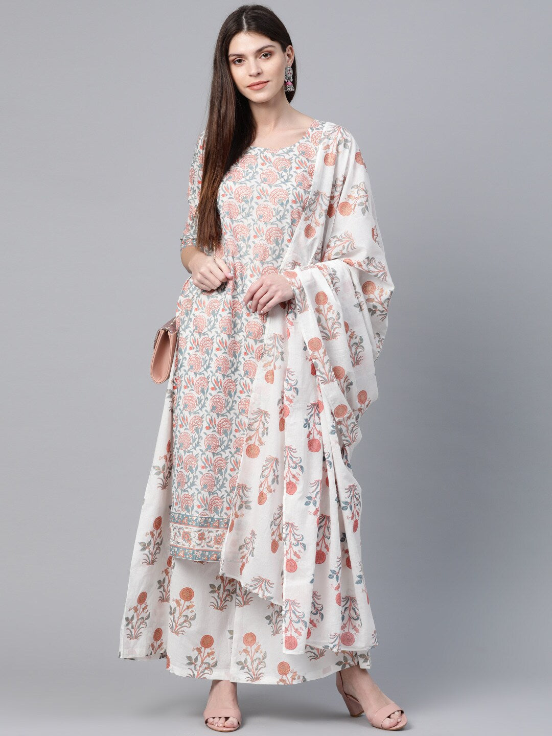 White Floral Print Kurta Palazzo With Dupatta