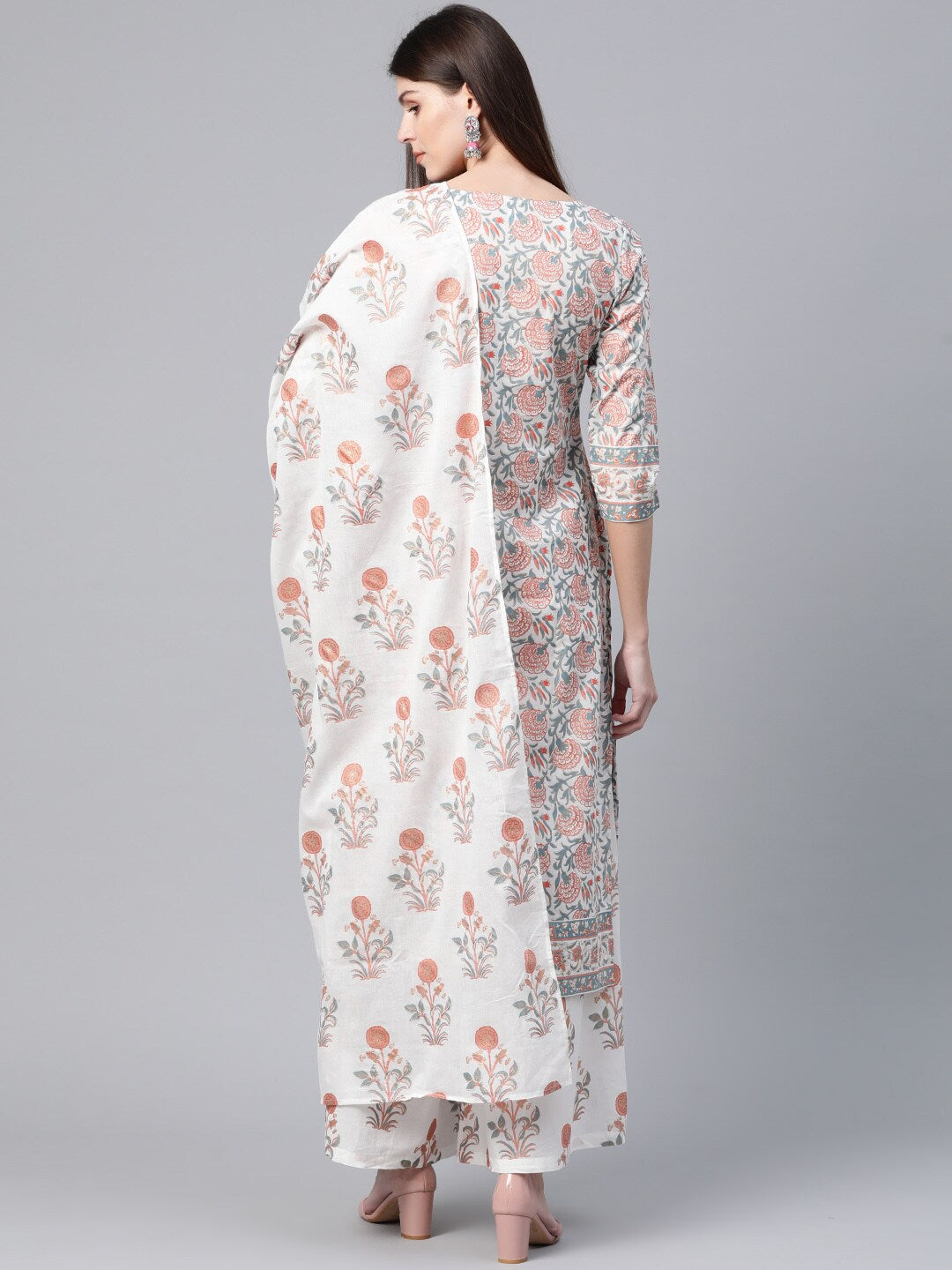 White Floral Print Kurta Palazzo With Dupatta