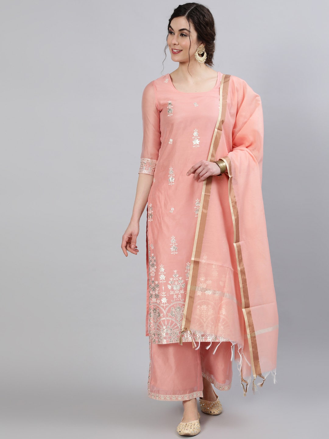 Peach Foil Print Kurta Palazzo with Dupatta