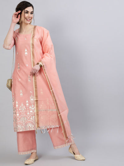 Peach Foil Print Kurta Palazzo with Dupatta