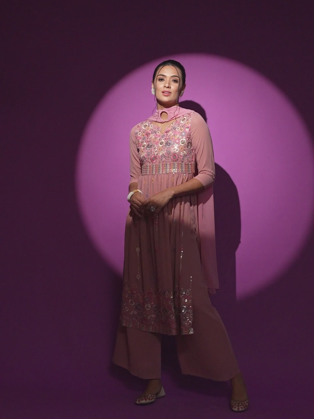 Pink Embroidered Nyra-Cut Kurta Palazzo With Dupatta