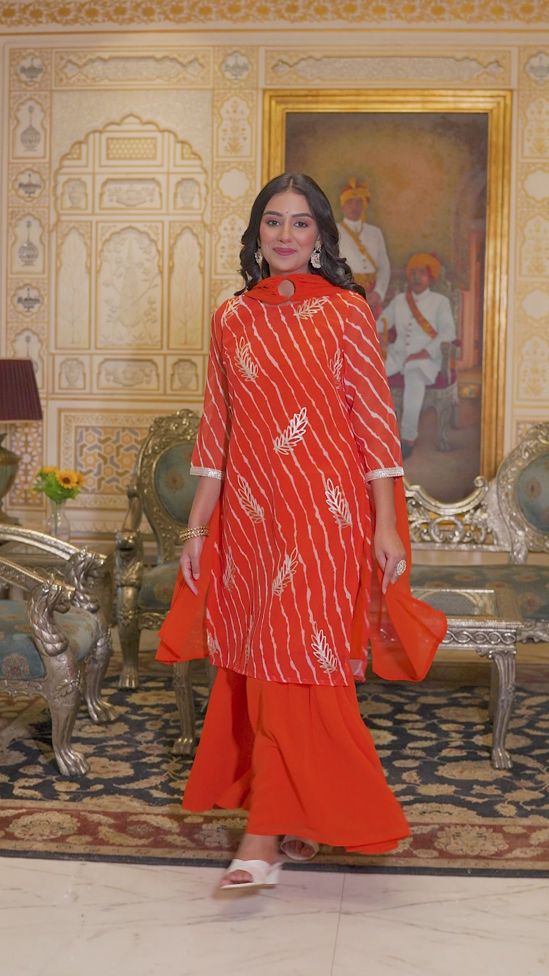 Orange Leheriya Kurta Sharara With Gota Embroidery