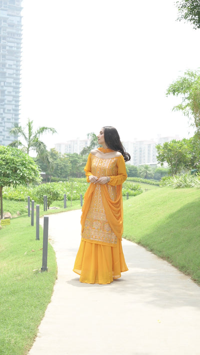 Yellow Sequin Kurta With Flared Skirt