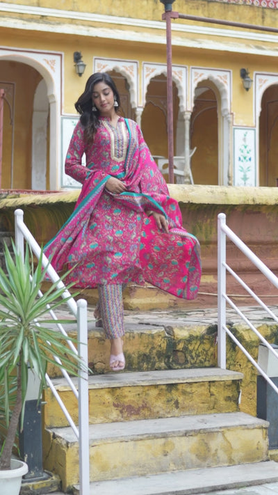 Magenta Silk Gold Foil Printed Suit Set