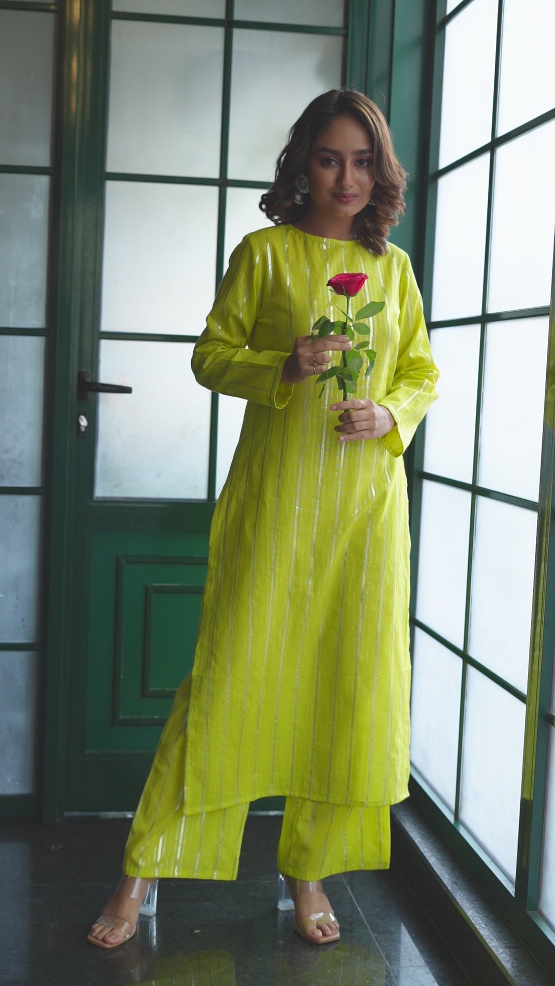 Lime Green Lurex Kurta Set