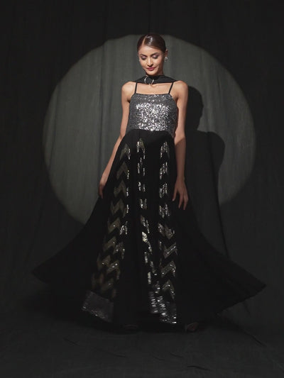 Black Sequin Pleated Maxi Dress With Dupatta