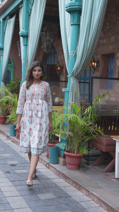 White Mughal Print A-Line Dress