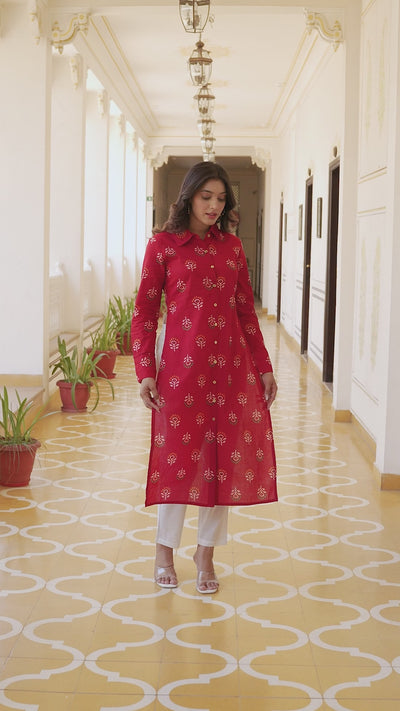 Red Button Down Cropped back kurta