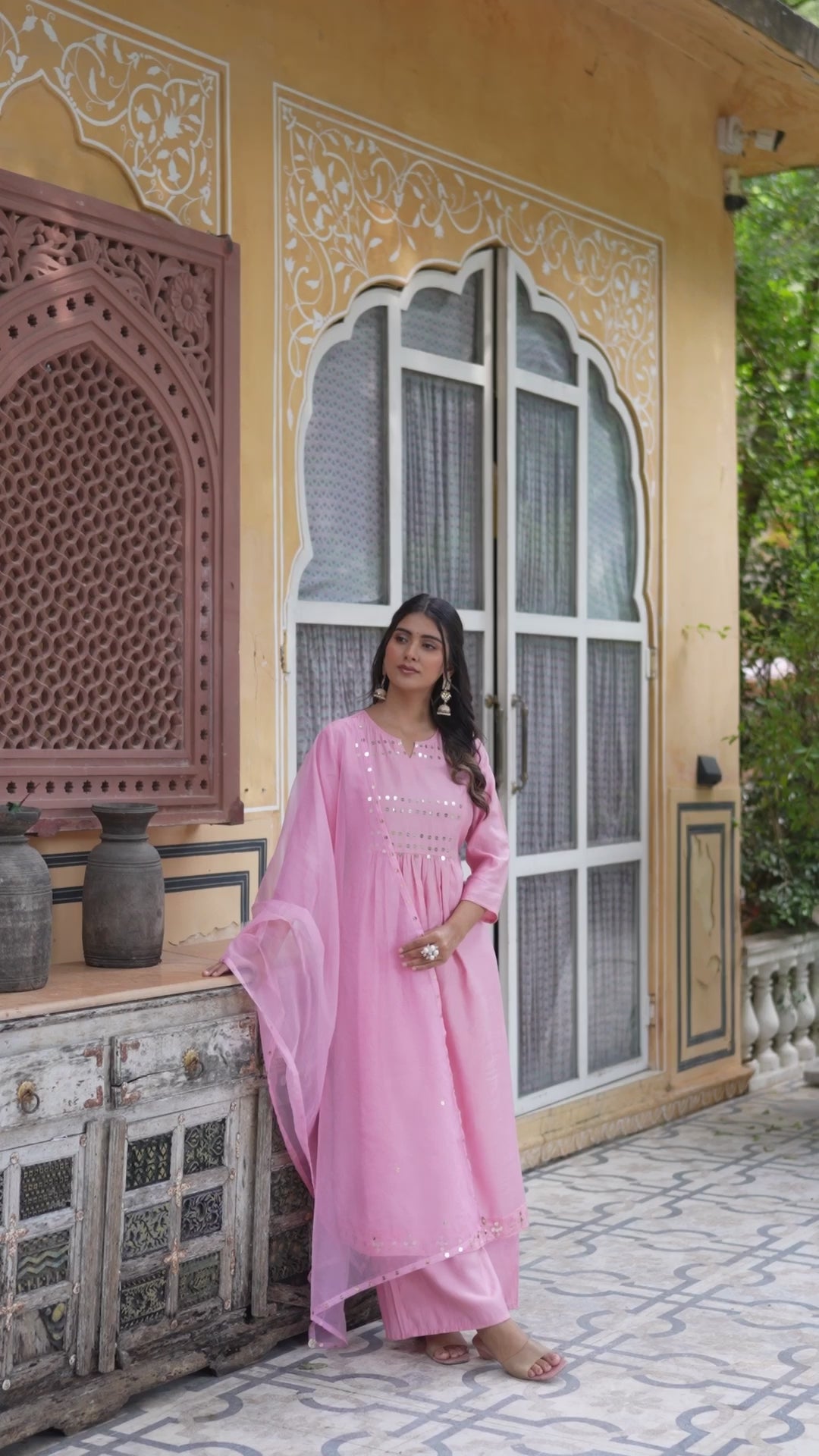 Powder Pink A-Line Kurta With Mirror Work On Dupatta