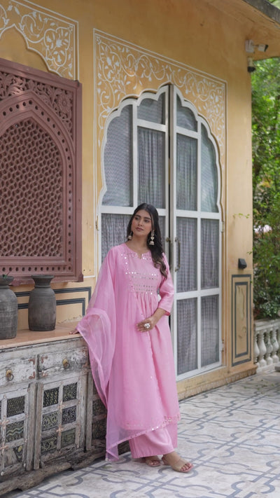 Powder Pink A-Line Kurta With Mirror Work On Dupatta