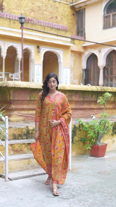 Mustard Silk Gold Foil Printed Suit Set