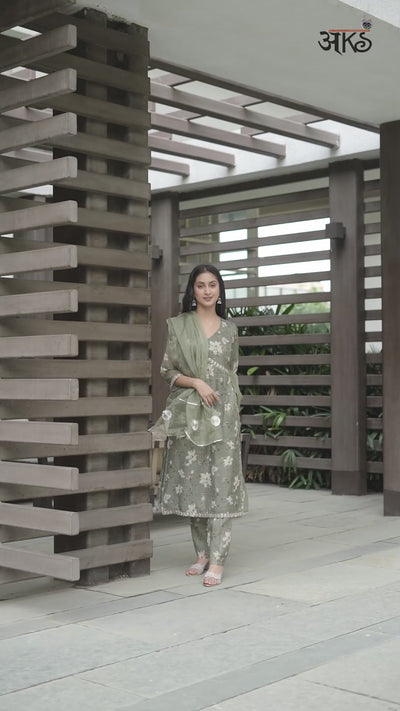 Green Floral Print Alia-Cut Kurta Pant With Dupatta