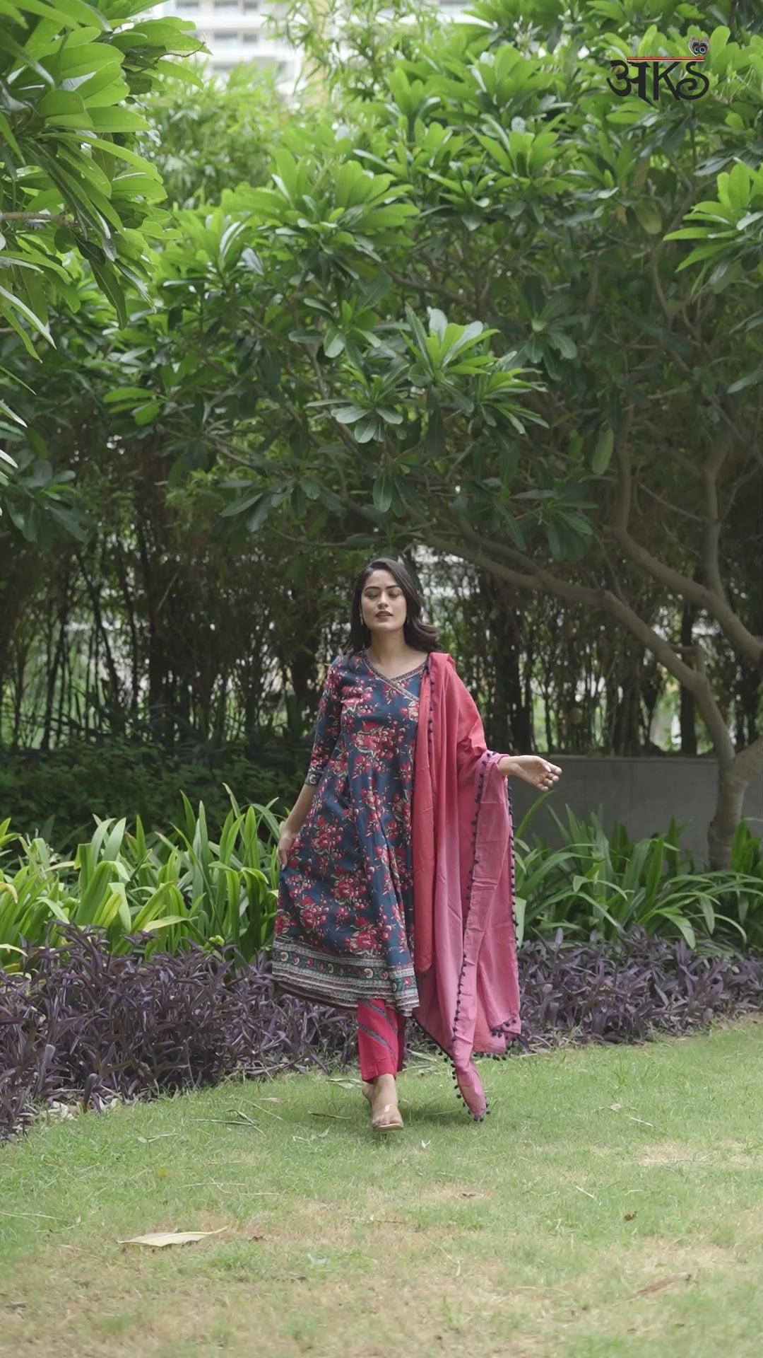 Navy Blue Floral Print Anarkali Pant With Dupatta