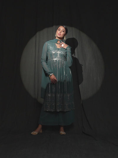 Teal Embroidered Nyra-Cut Kurta Palazzo With Dupatta