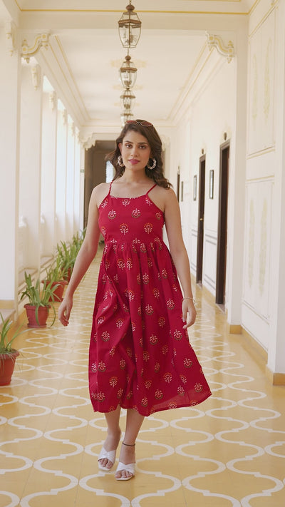 Red Noodle Strap Midi Summer Dress