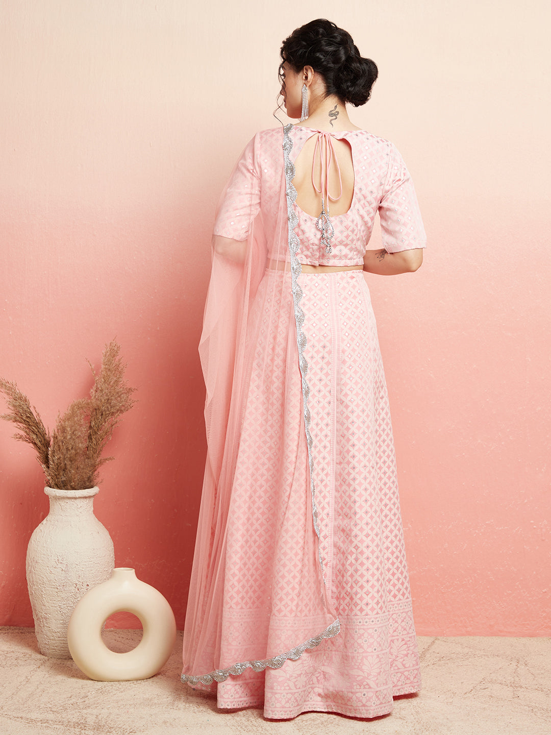 Pink Jacquard Lehenga Choli With Dupatta