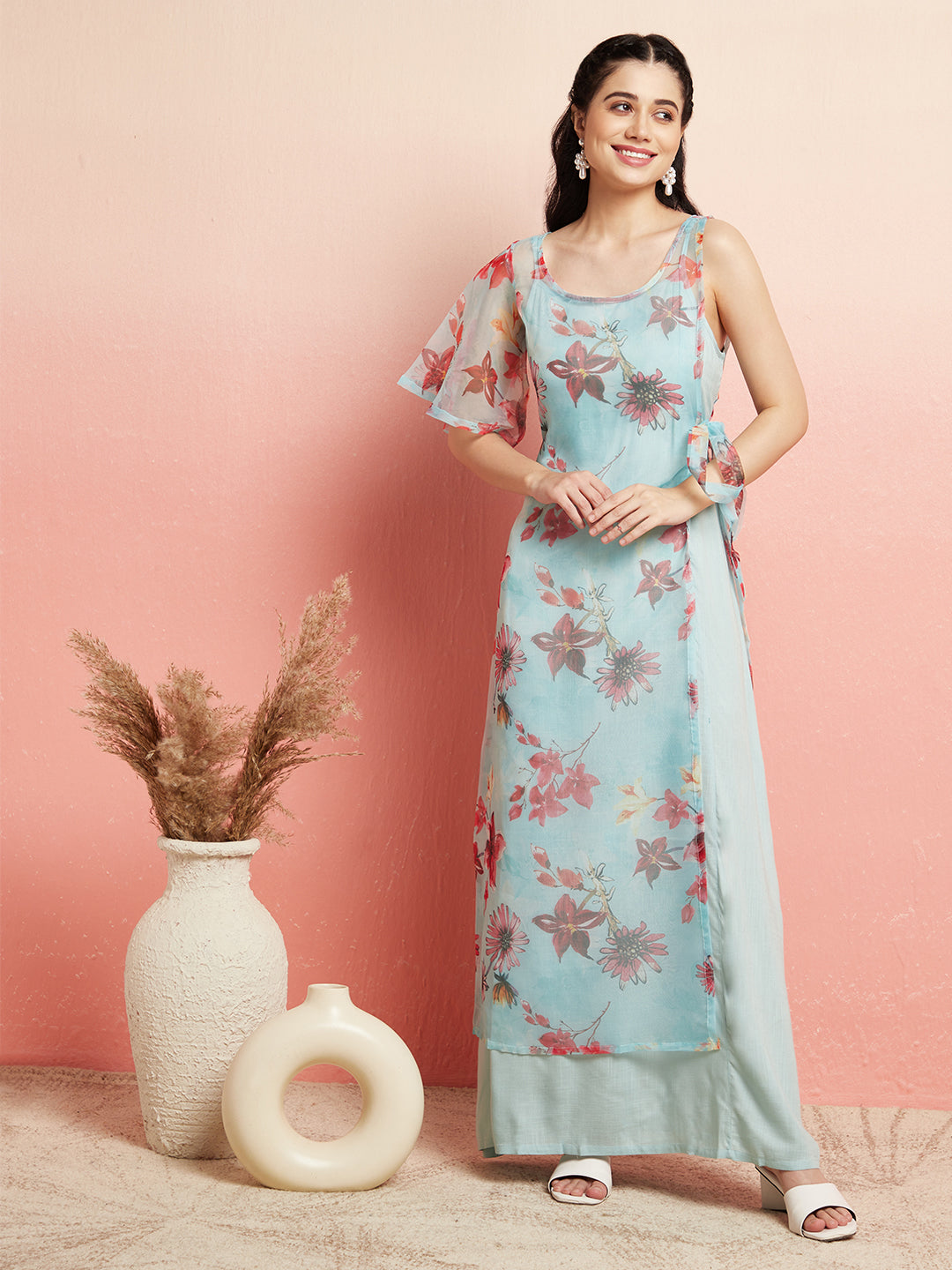 Blue Floral Print Layered Asymmetric Maxi Dress